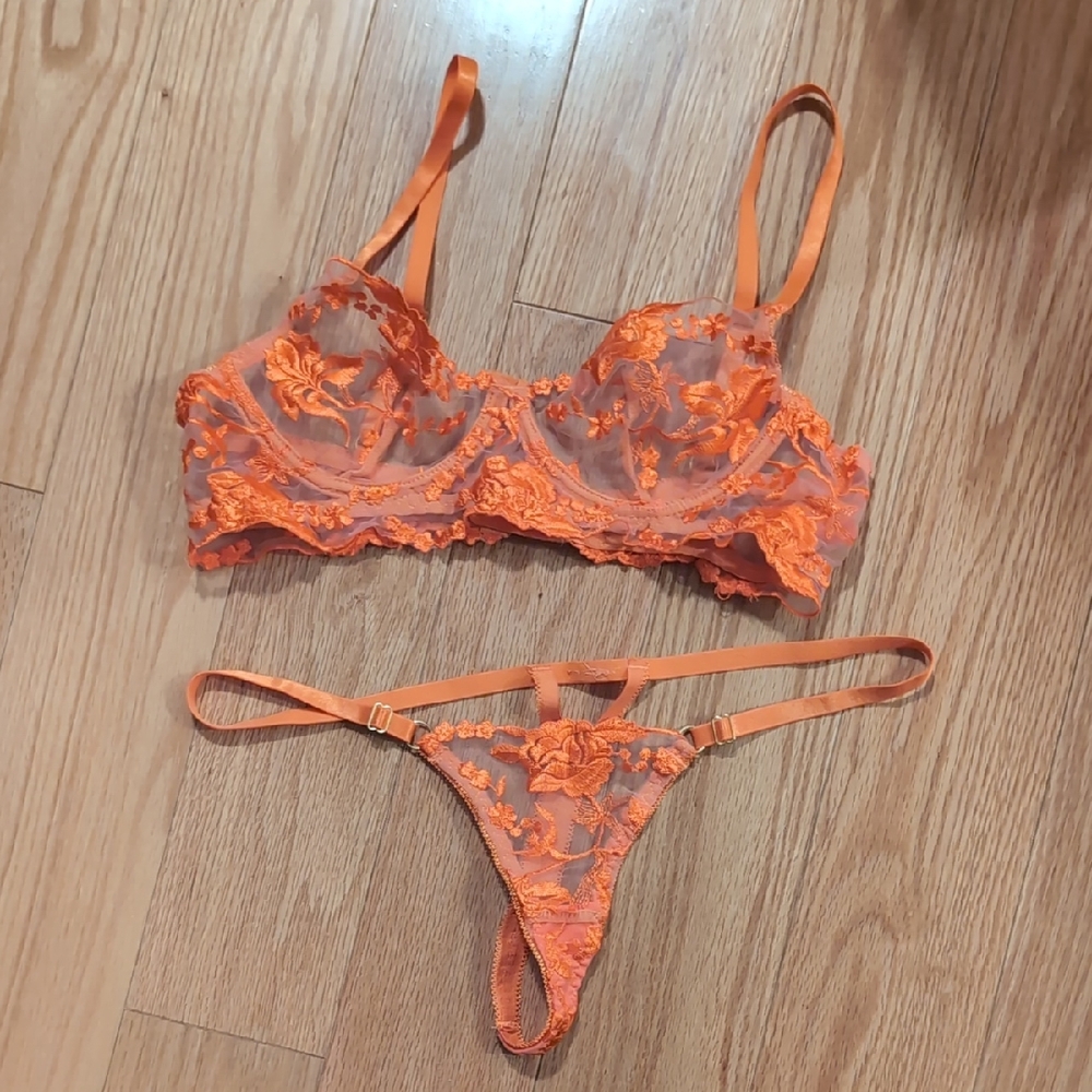 Sheer Floral Lace Lingerie Set in Vibrant Orange - S/M